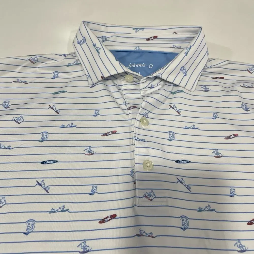 Johnnie-O Polo Shirt Men’s Large White Surfboard Print Golf Stretch Glacier Club - Picture 5 of 7